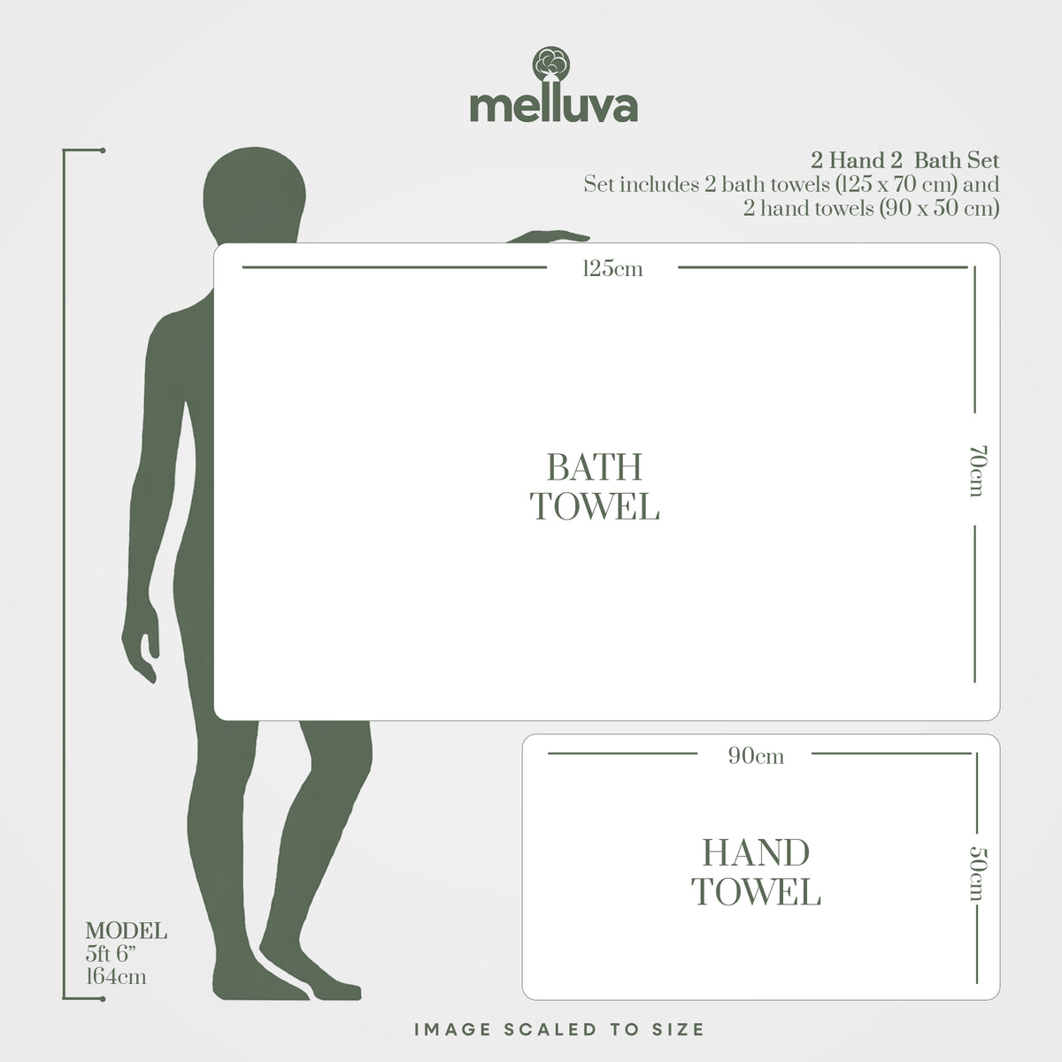 Melluva 4 piece towel set size guide: bath towels 70 x 125 cm, hand towels 50 x 90 cm