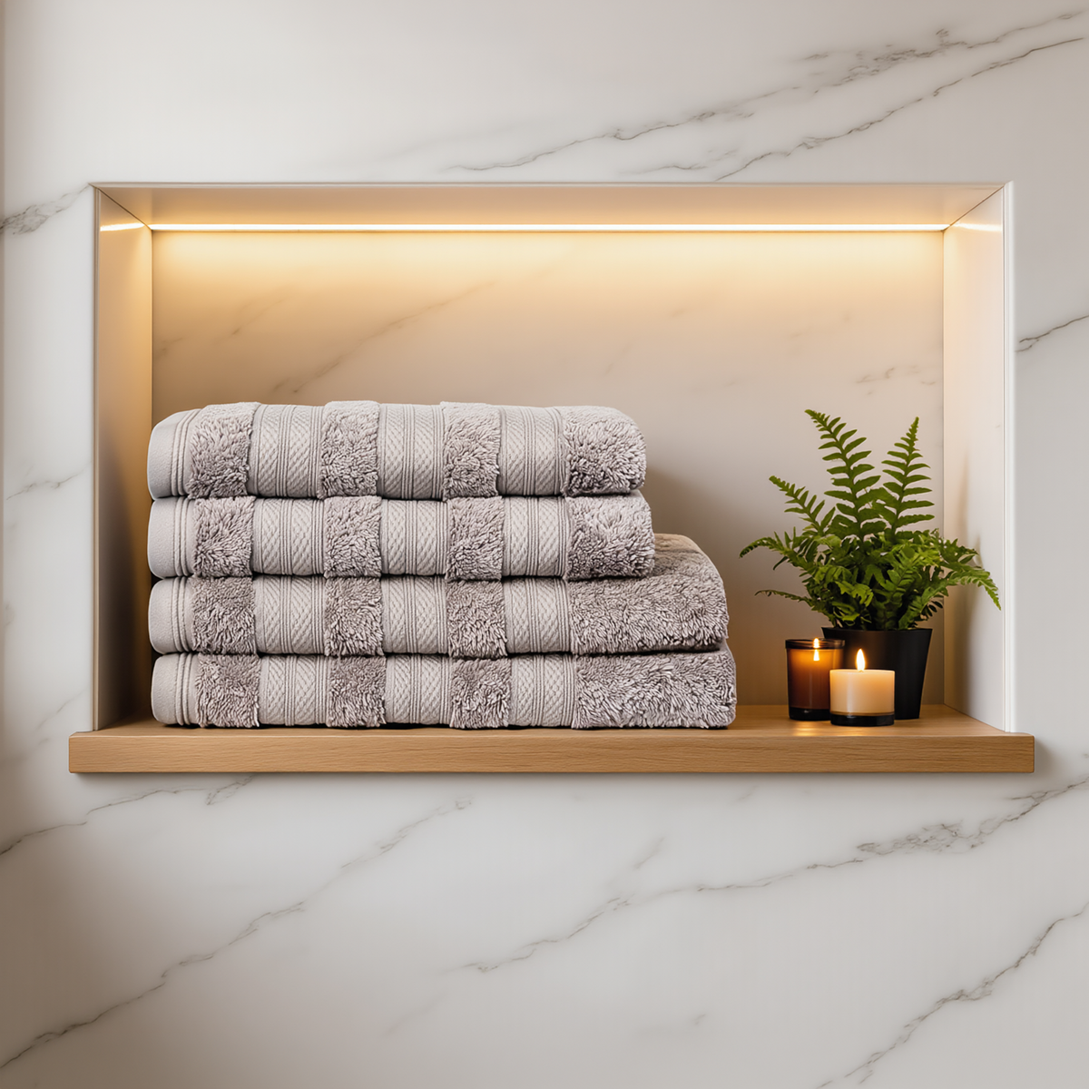 Ash Grey Melluva 4 piece towel set stacked on a bathroom shelf