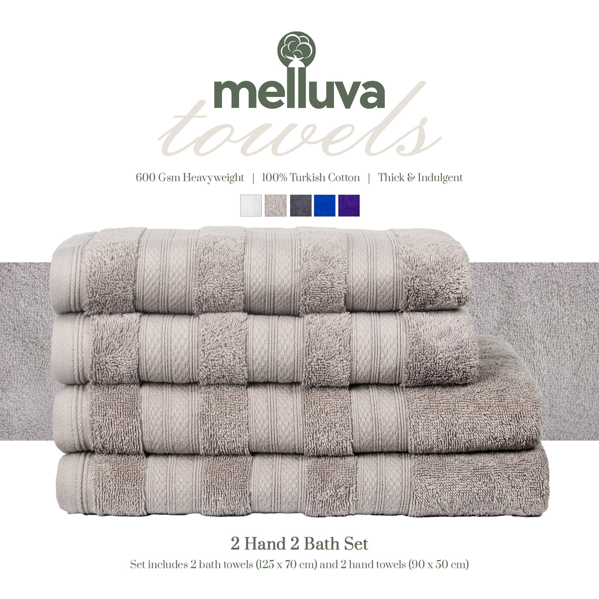 Ash Grey Melluva 4 piece towel set: 2 bath towels and 2 hand towels