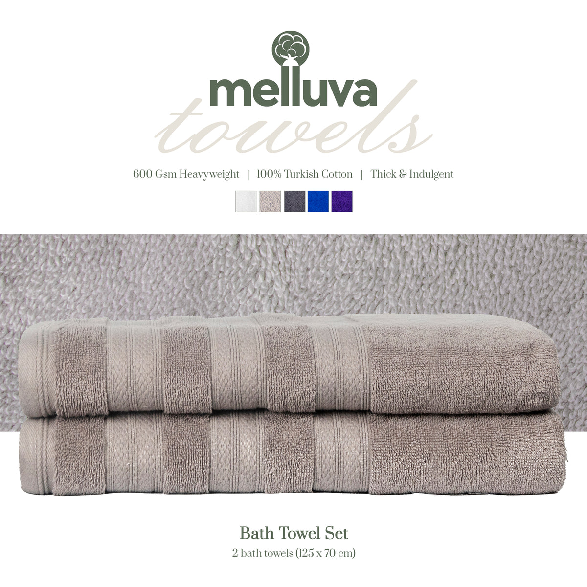 Ash Grey Melluva bath towel set of 2, 70 x 125 cm, 600 GSM