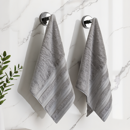 Ash Grey Melluva hand towels hanging on a bathroom hook