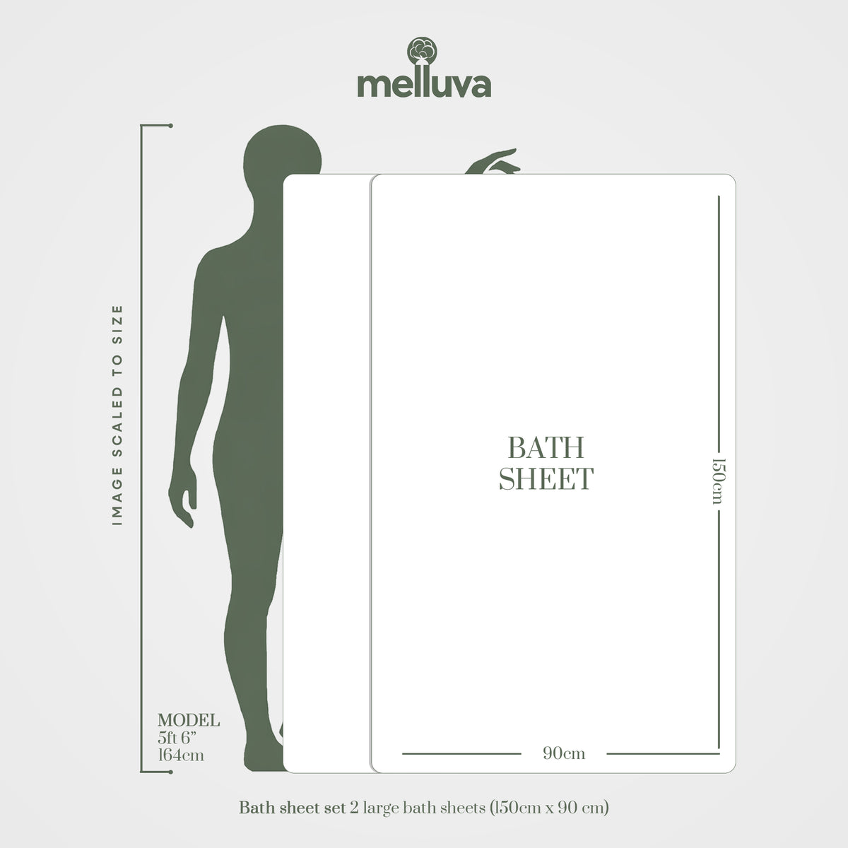 Melluva bath sheet size guide, 90 x 150 cm