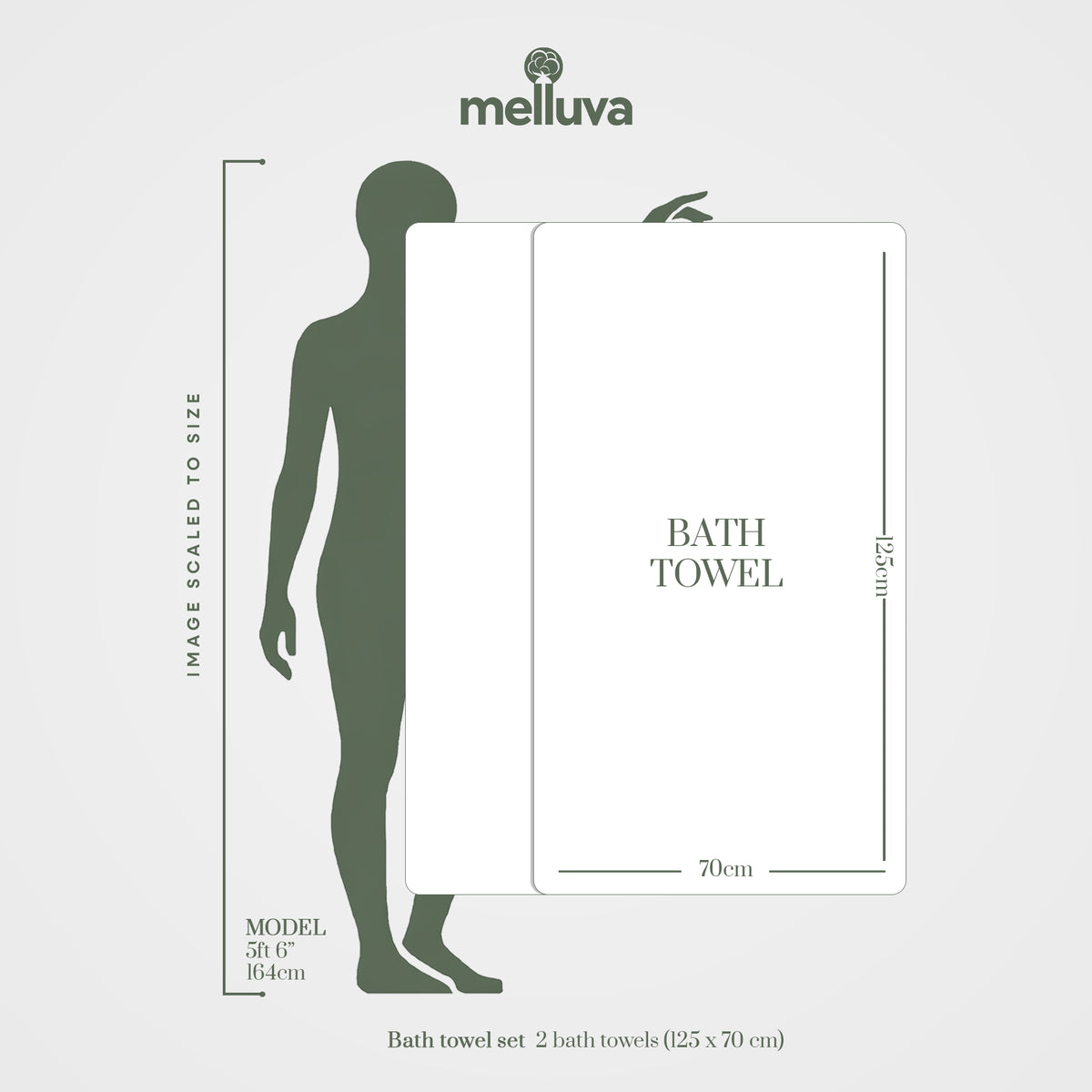 Melluva bath towel size guide, 70 x 125 cm