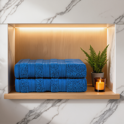 Denim Melluva Turkish cotton towels, set of 2, folded on a bathroom shelf