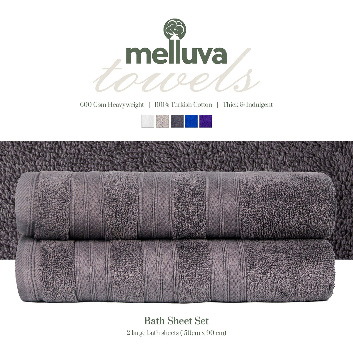 Dow Grey Melluva bath sheet set of 2, 90 x 150 cm, 600 GSM