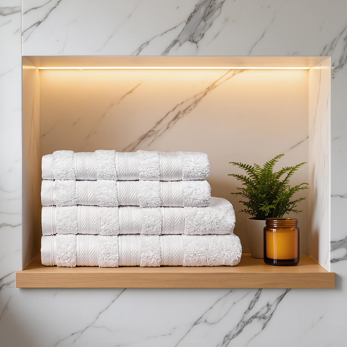 White Melluva 4 piece towel set stacked on a bathroom shelf