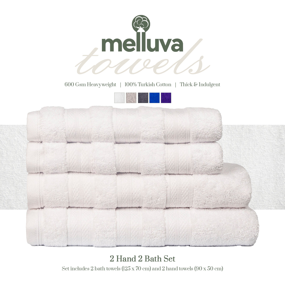 White Melluva 4 piece towel set: 2 bath towels and 2 hand towels