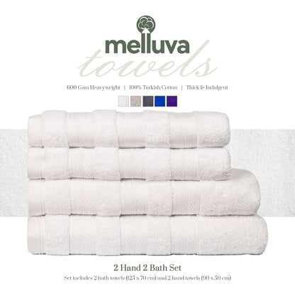 White Melluva 4 piece towel set: 2 bath towels and 2 hand towels