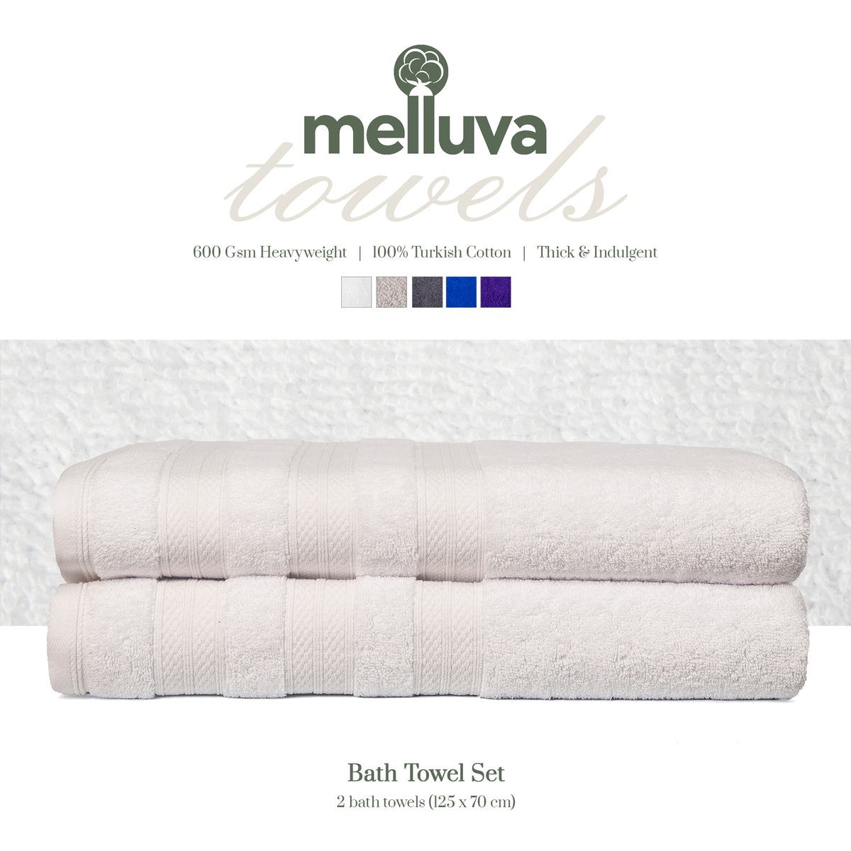 White Melluva bath towel set of 2, 70 x 125 cm, 600 GSM