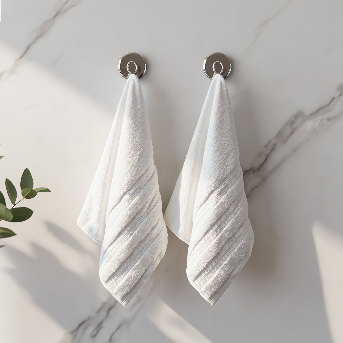White Melluva hand towels hanging on a bathroom hook