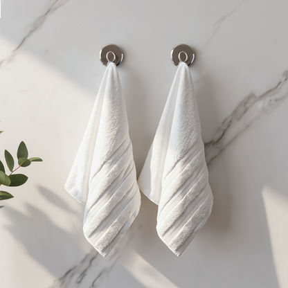 White Melluva hand towels hanging on a bathroom hook