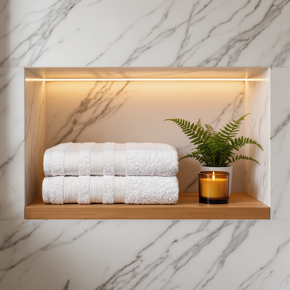 White Melluva Turkish cotton towels, set of 2, folded on a bathroom shelf